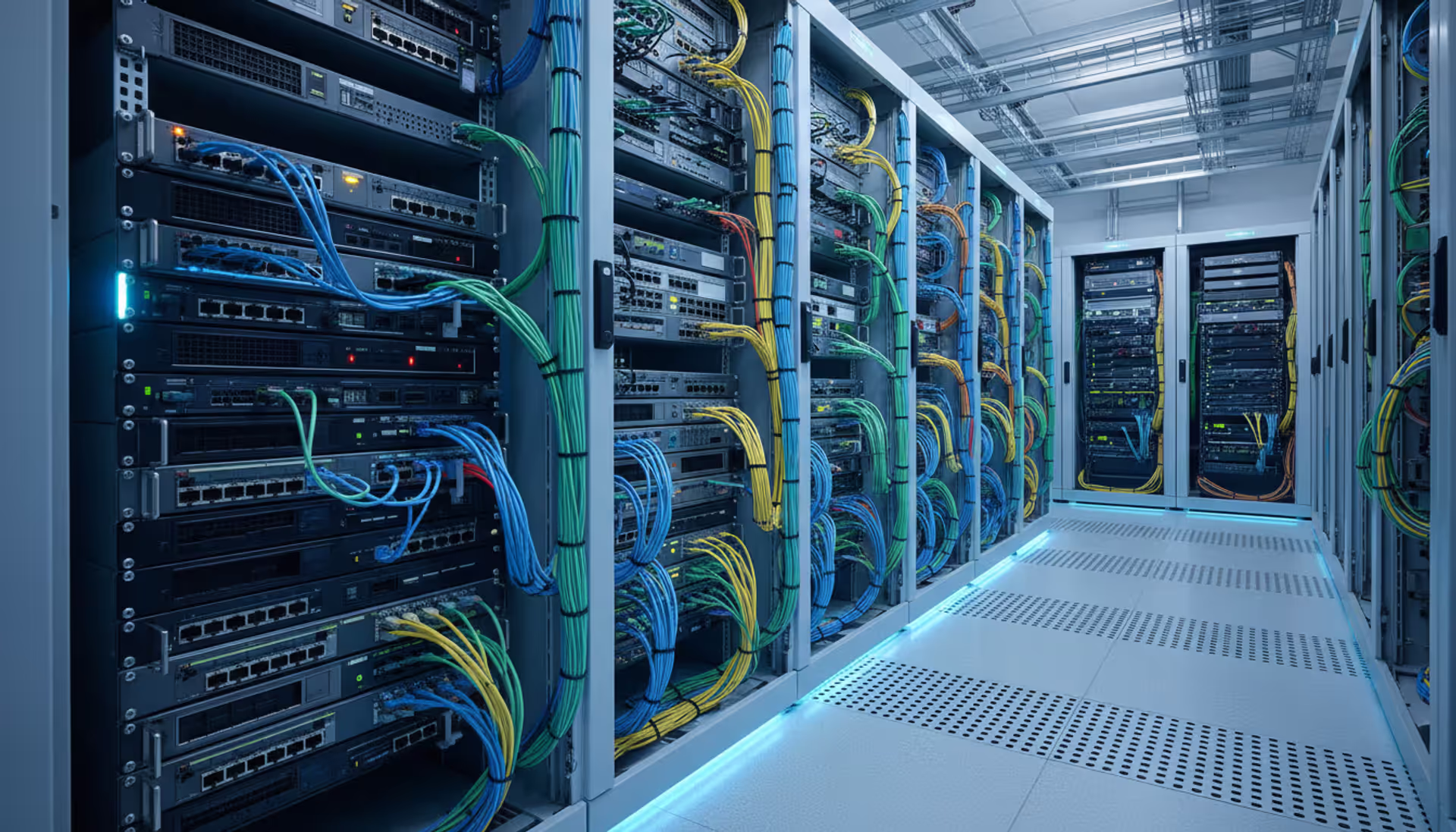 Modern enterprise server room with network racks, switches, routers, patch cables, and blue LED lighting along a clean aisle