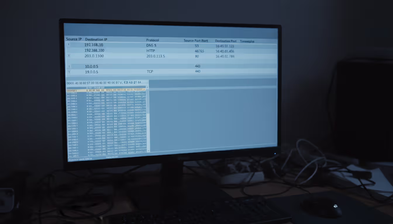 Close-up of monitor screen showing network packet analysis software interface with IP addresses, protocol columns, port numbers, and hexadecimal packet dump