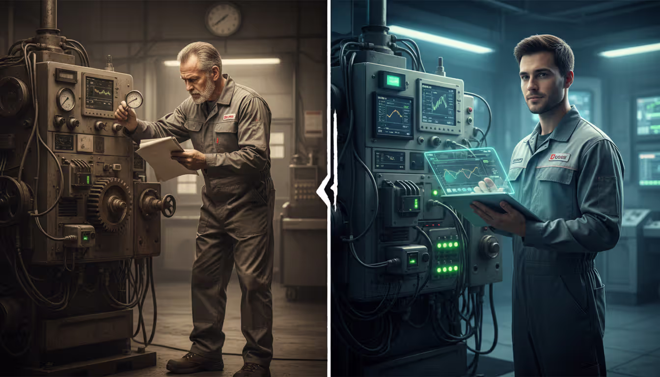 Industrial vibration sensor mounted on electric motor housing with wireless gateway device on factory wall