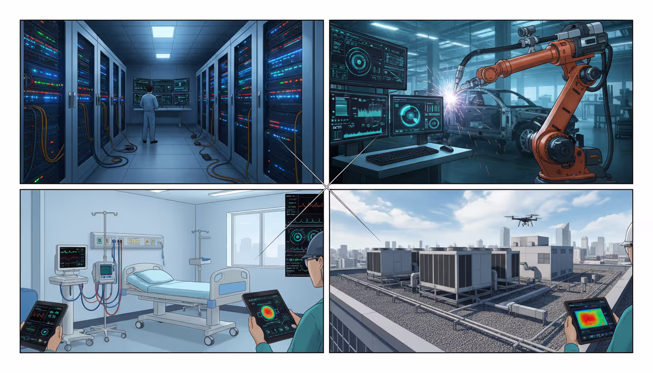 Split view comparing traditional manual equipment inspection with clipboard versus modern sensor-equipped machinery monitored via tablet with digital graphs