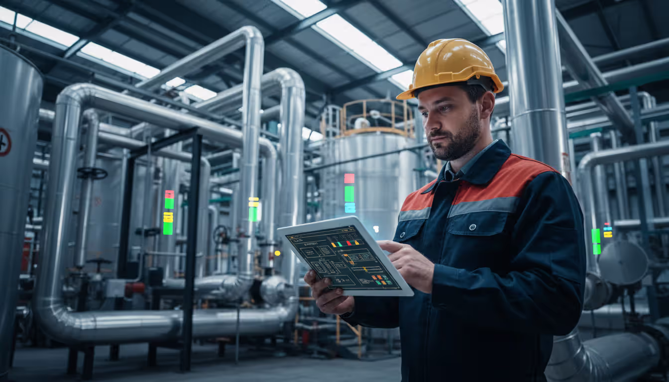 Four-sector collage showing remote monitoring applications in server room, industrial factory with robot, hospital medical equipment, and commercial building HVAC system on rooftop