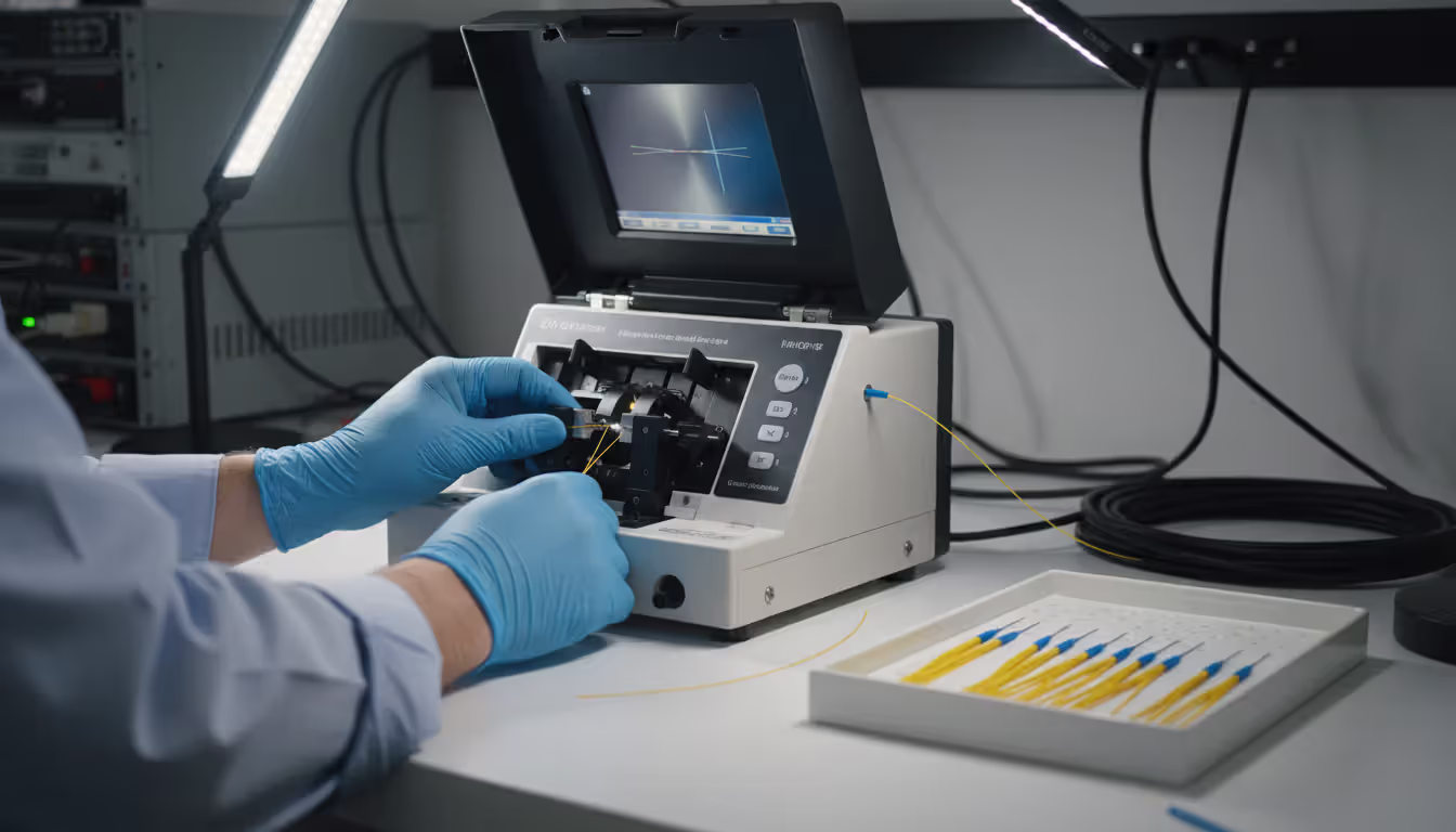 Technician using a fusion splicer to join single mode fiber optic cables with stripped yellow-jacketed fibers on a clean work surface