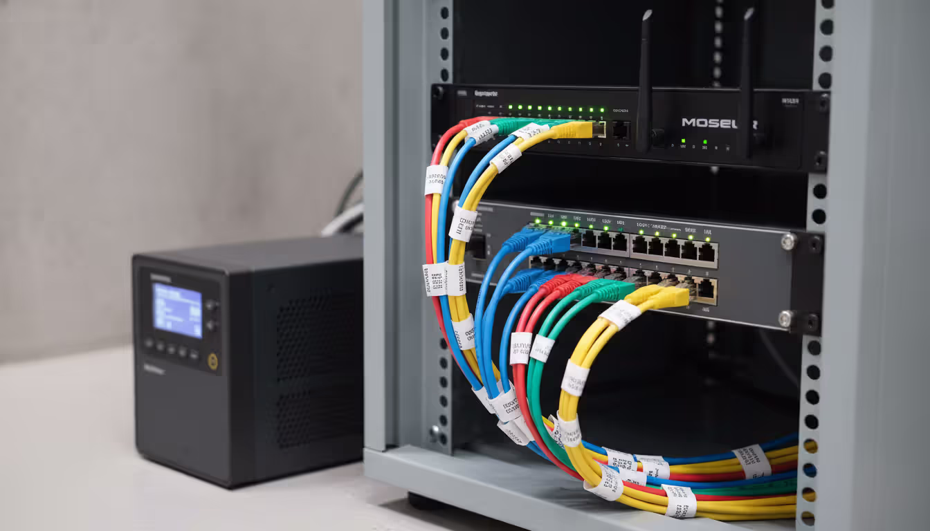 Close-up of a small business server rack with router, network switch, color-coded labeled patch cables, and UPS backup power supply