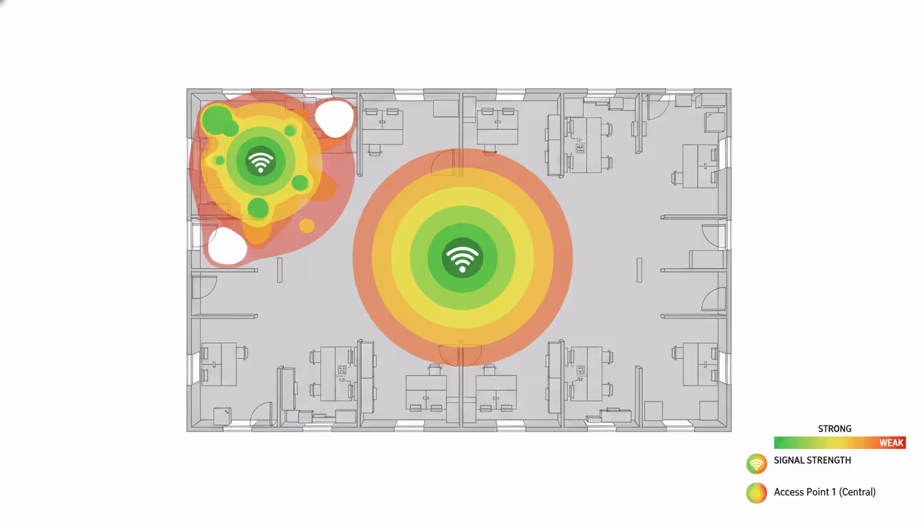 Office floor plan showing Wi-Fi coverage heatmap comparing central access point placement with even coverage versus corner placement with dead zones