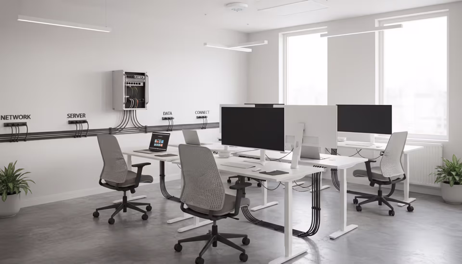 Modern small business office with organized network infrastructure including rack-mounted switch, router, Ethernet cables, and ceiling-mounted Wi-Fi access point