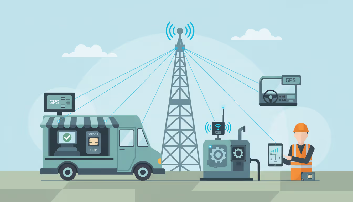 Various business devices using static IP SIM cards including food truck payment terminal, industrial IoT sensor, GPS fleet tracker, and field technician tablet all connected to a cellular tower