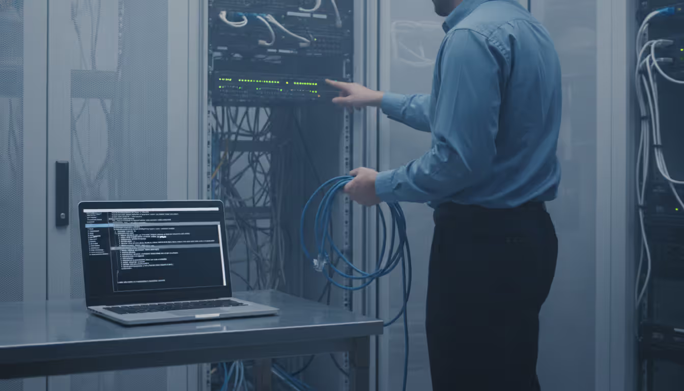 Network administrator troubleshooting server rack checking cable connections and LED indicators with an open command line terminal on a laptop in foreground