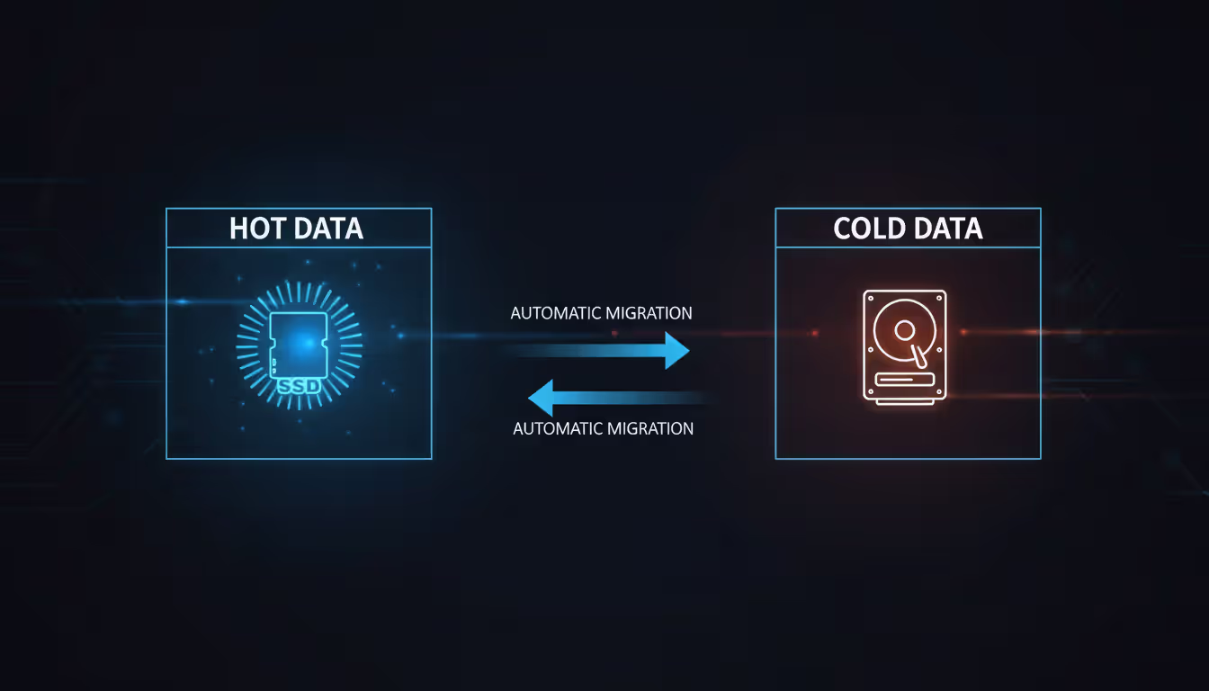 Infographic showing automated storage tiering concept with SSD for hot data and HDD for cold data connected by bidirectional migration arrows