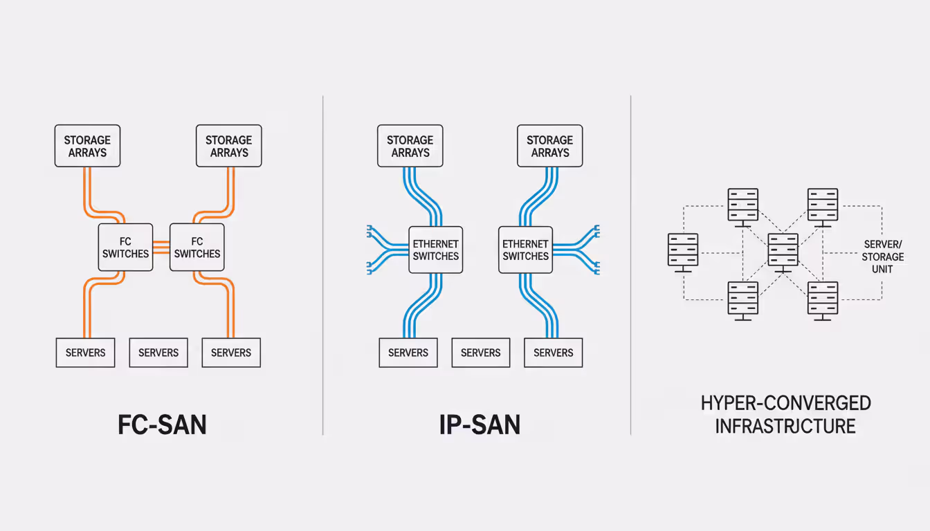 Comparison diagram of three SAN types: FC-SAN with fiber optic switches, IP-SAN with Ethernet switches, and hyper-converged infrastructure with clustered server nodes