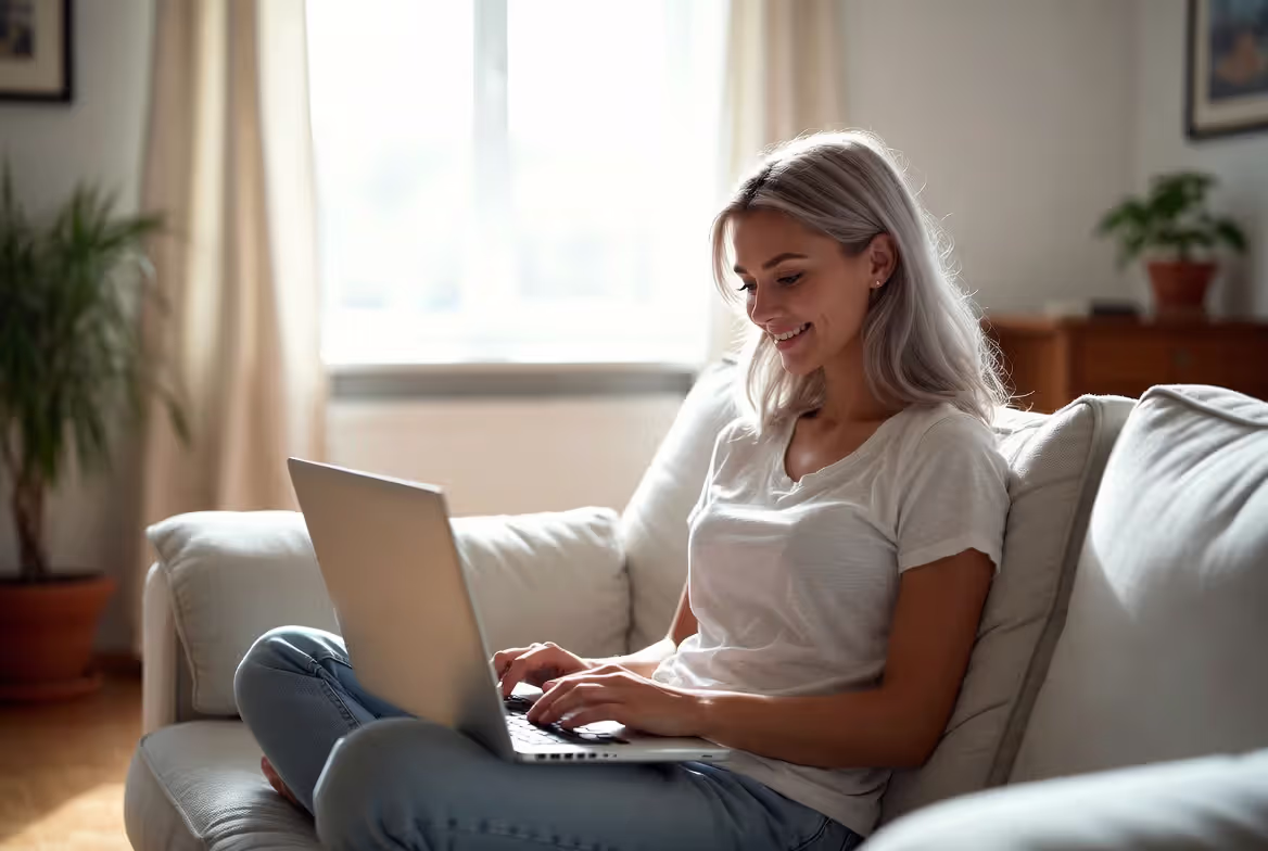 Woman sitting on a couch with a laptop accessing files remotely from her home living room
